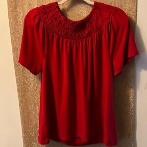 Ann Taylor, Red Short-Sleeve Smocked Yoke Top, Medium